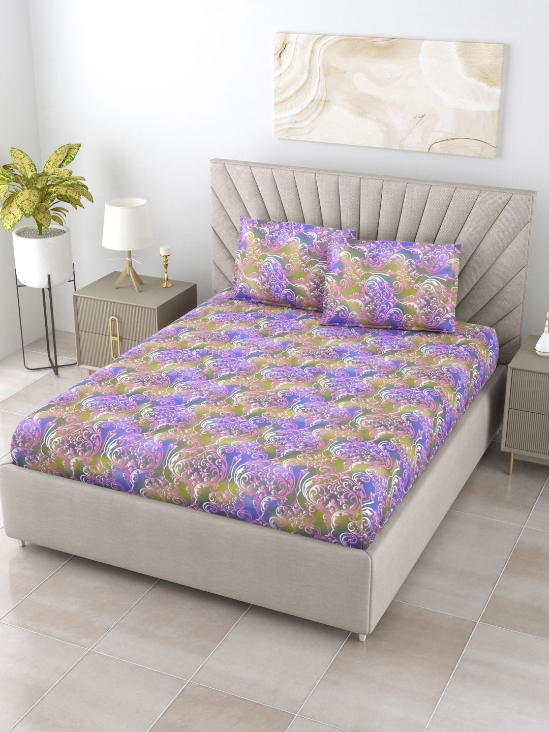 

BOMBAY DYEING Epigram Violet Printed 144TC Pure Cotton Double Queen Bedsheet Set