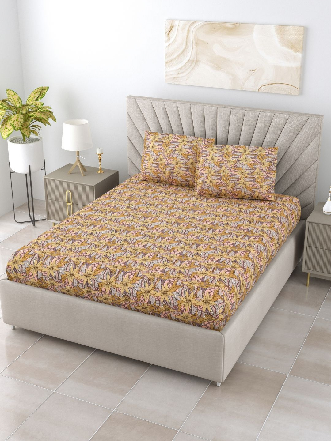 

BOMBAY DYEING Epigram Yellow Printed 144TC Pure Cotton Double Queen Bedsheet Set
