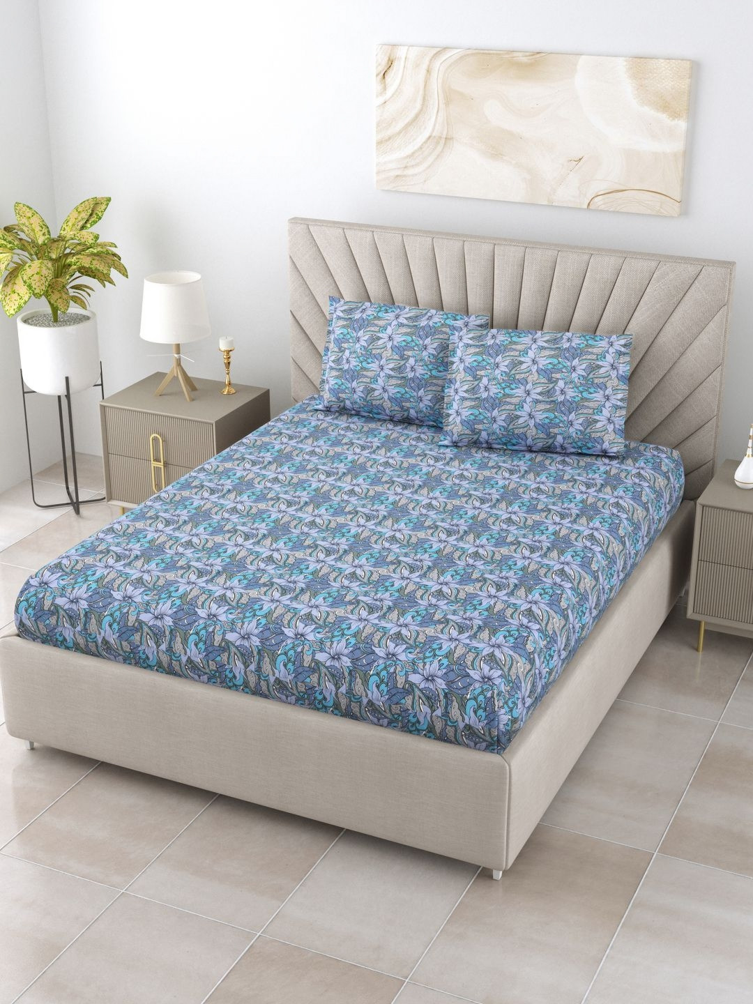 

BOMBAY DYEING Epigram Blue Printed 144TC Pure Cotton Double Queen Bedsheet & Pillow Covers
