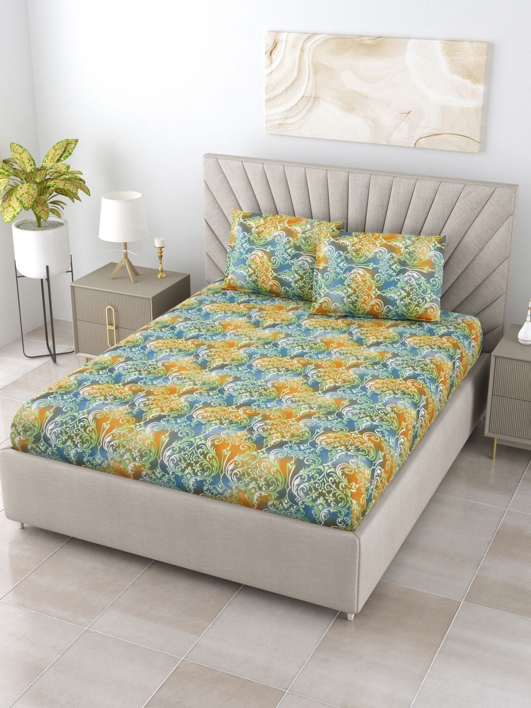 

BOMBAY DYEING Epigram Blue Printed 144 TC Pure Cotton Queen Bedsheet With 2 Pillow Covers