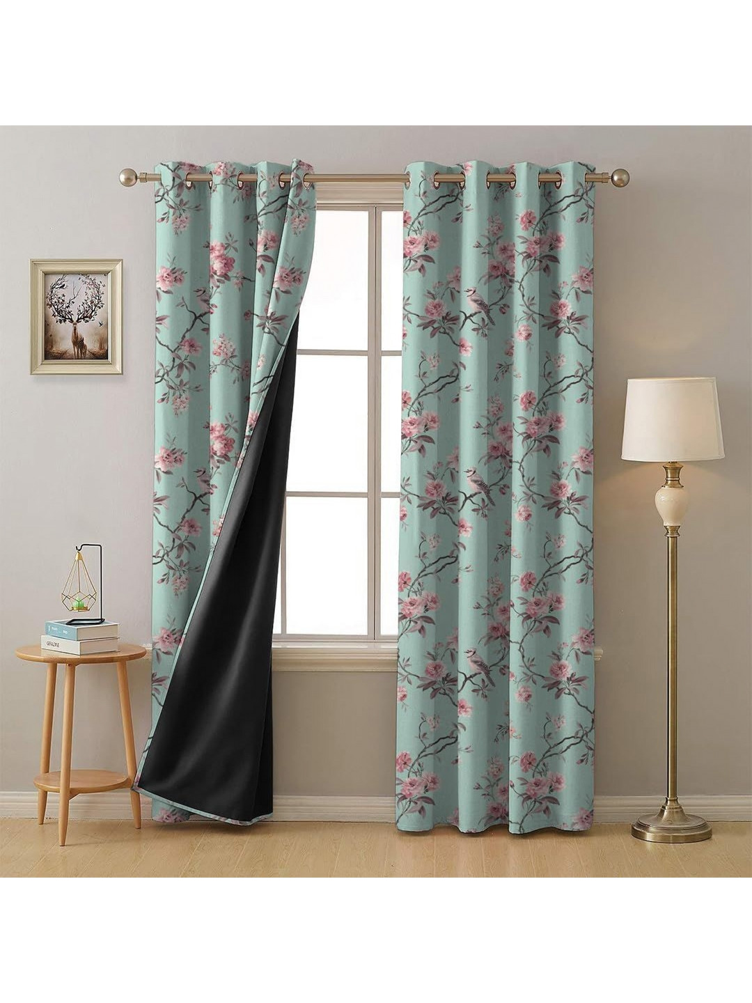 

BFAM Blue & Black Floral Printed Black Out Window Curtain