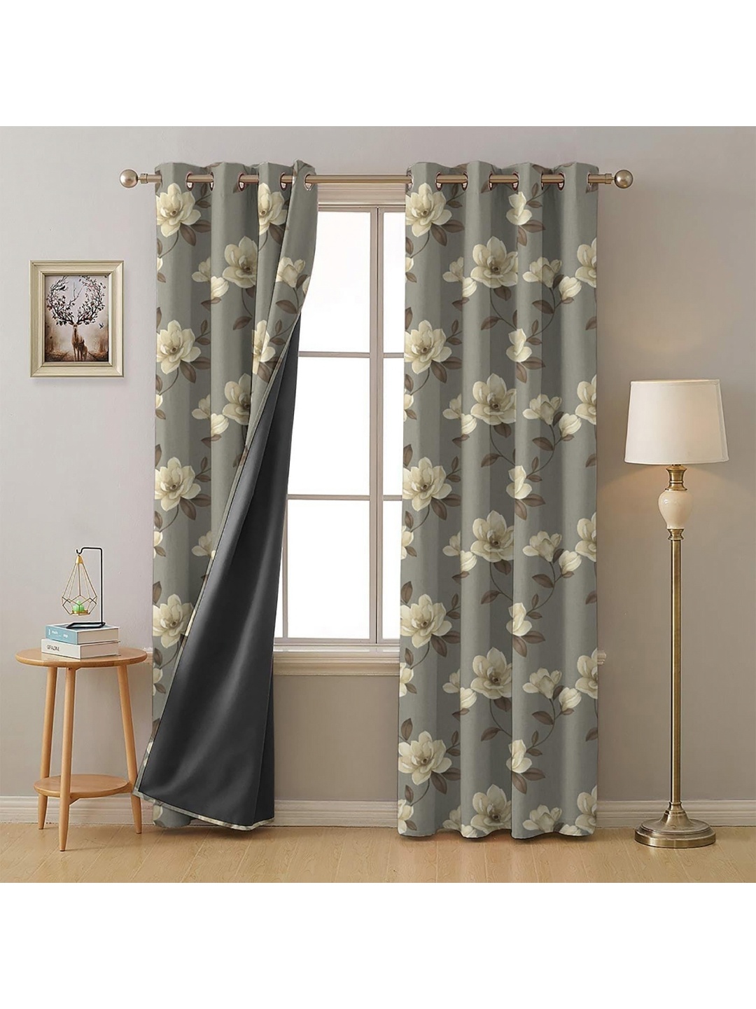 

BFAM Grey & Beige Floral Printed Black Out Window Curtain