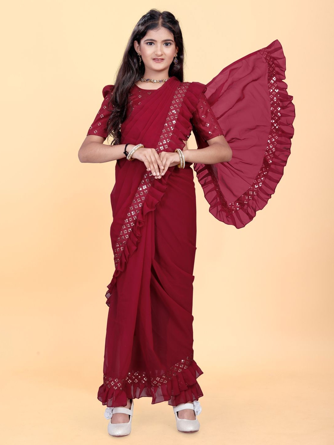 

Shrithi Fashion Fab Embroidered Pure Georgette Ruffles Saree, Maroon
