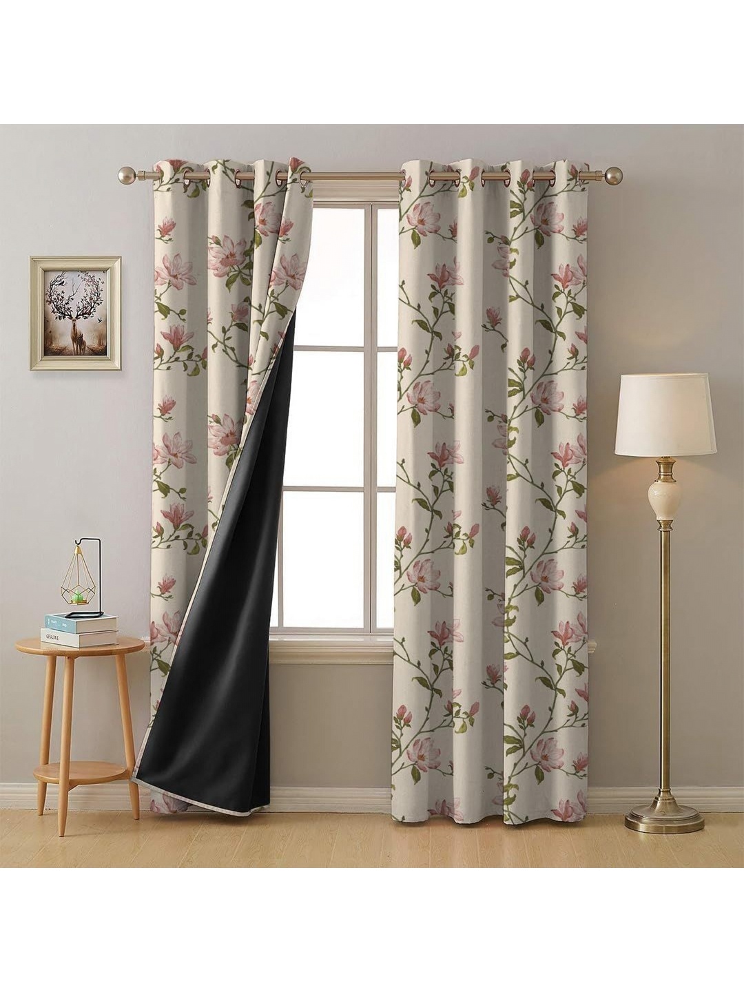 

BFAM Pink & Beige Floral Printed Black Out Window Curtain
