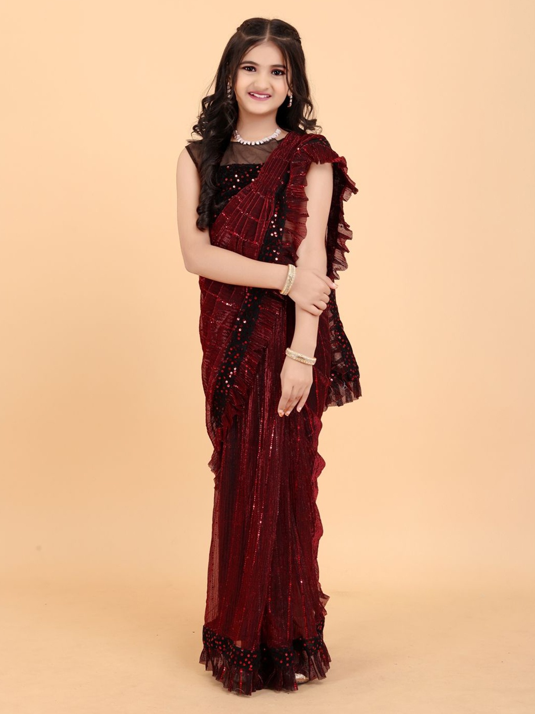 

Shrithi Fashion Fab Girls Embellished Sequinned Ready to Wear Saree, Maroon