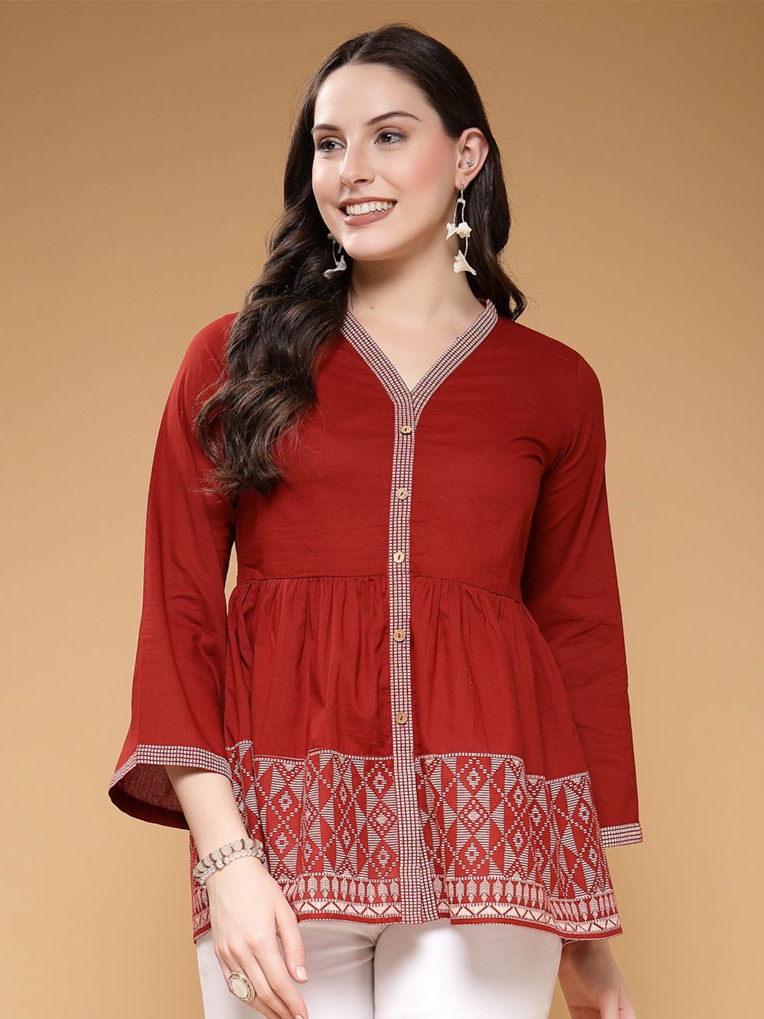 

CHIRAAI Flared Sleeve Ethnic Cotton Top, Maroon