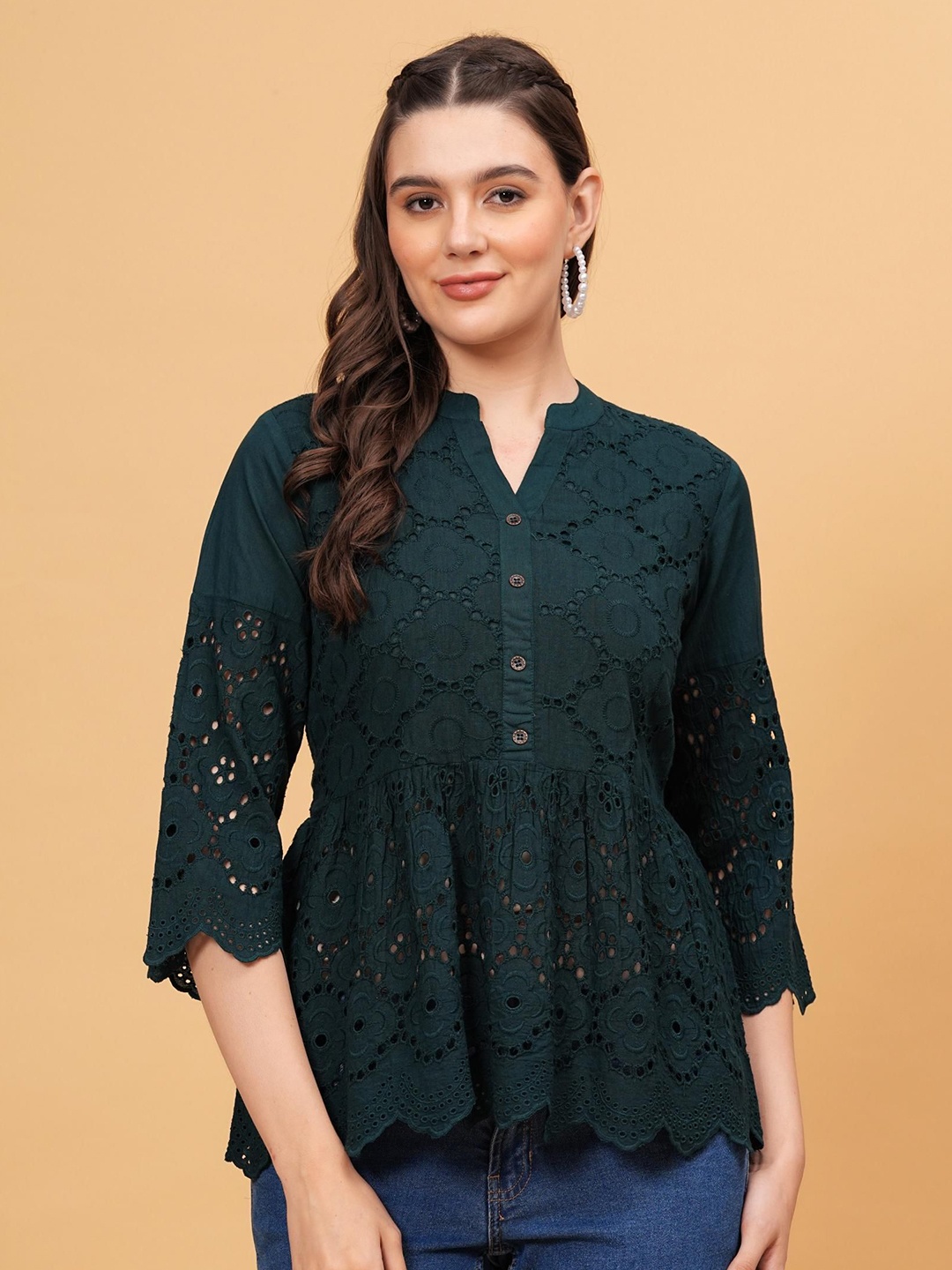 

CHIRAAI Women Ethnic Cotton Styled Back Top, Green