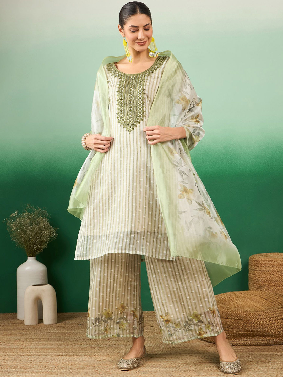 

Sangria Green Striped Beads & Stones Organza Straight Kurta & Palazzos With Dupatta