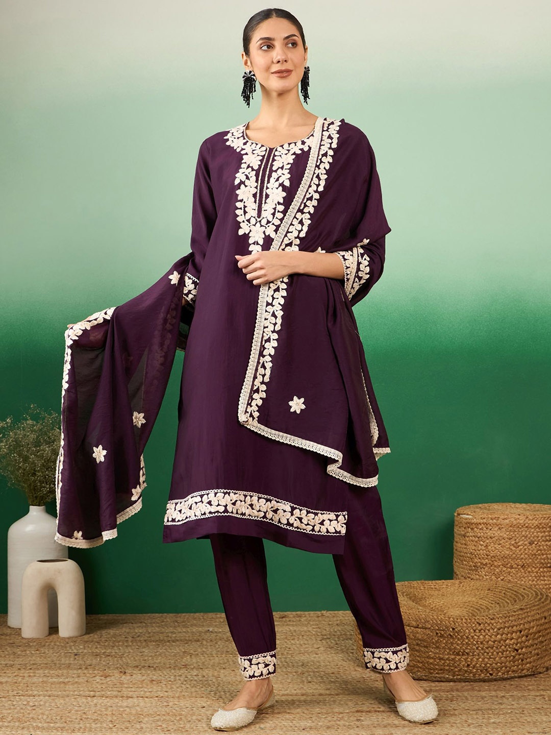 

Sangria Purple & White Floral Embroidered Jacquard Straight Kurta With Trousers & Dupatta