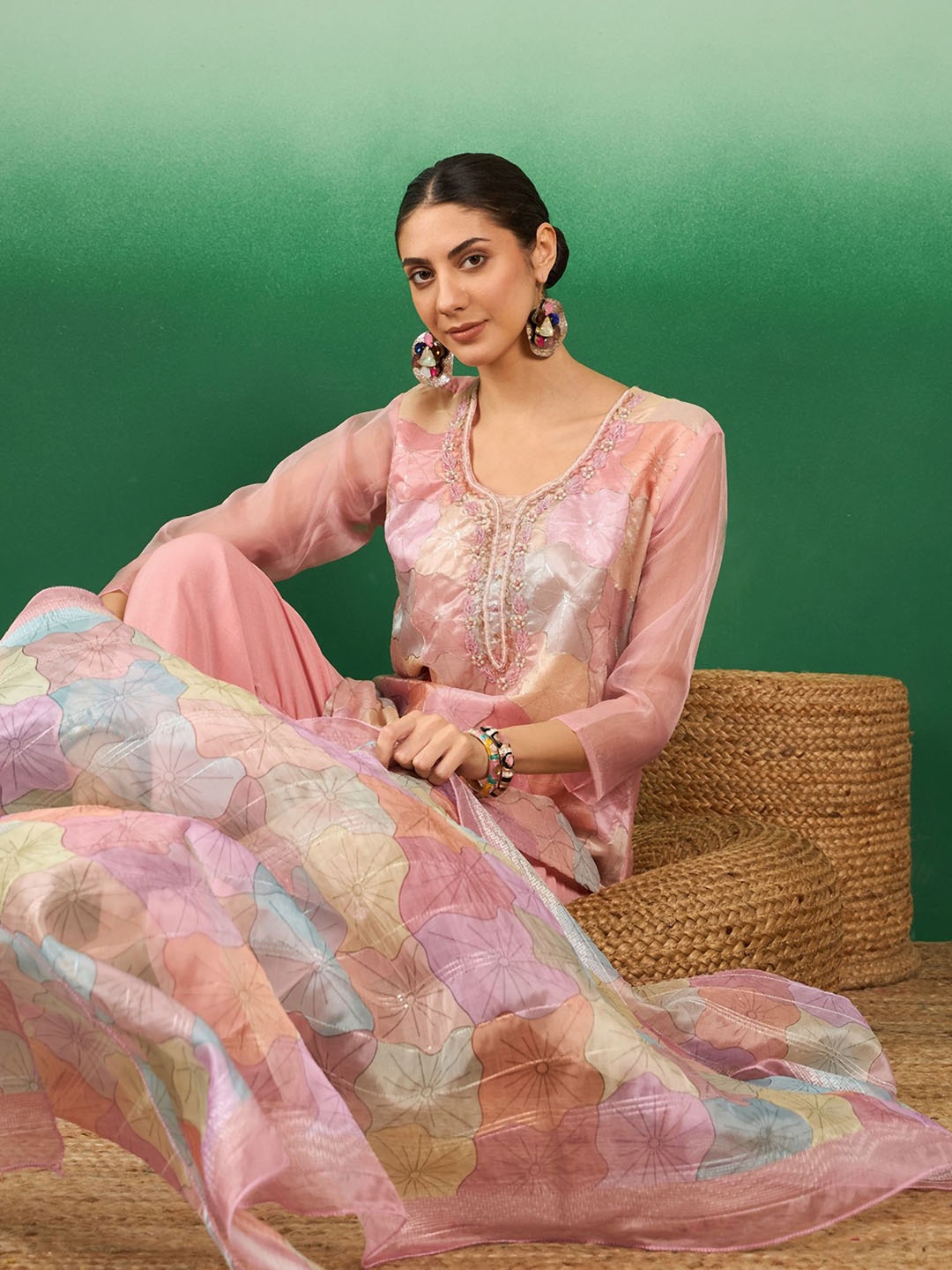 Sangria Pink Floral Embroidered Organza Straight Kurta With Palazzo & Dupatta