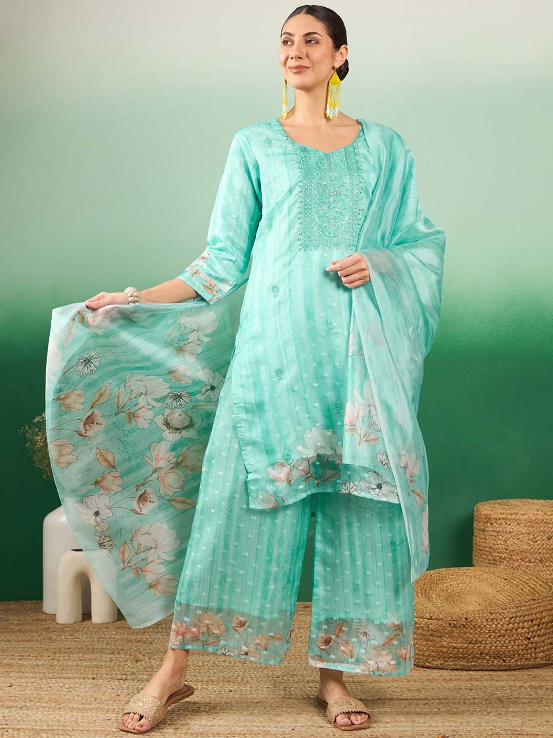 

Sangria Floral Embroidered Regular Sequinned Kurti with Palazzos & With Dupatta, Sea green