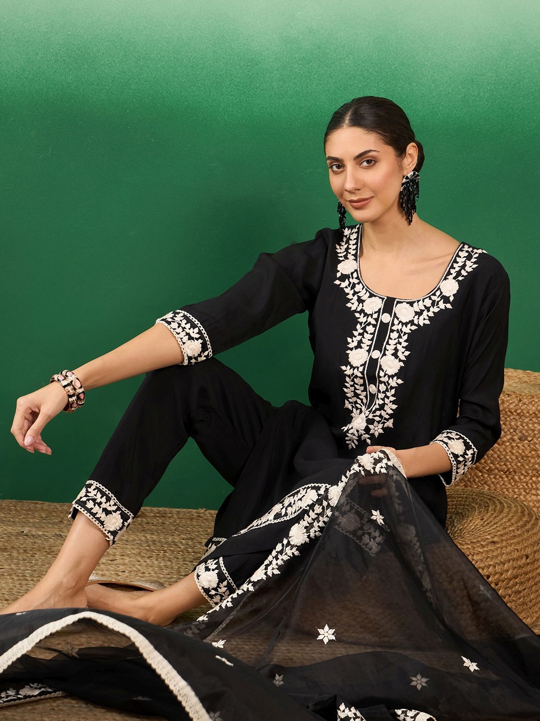 

Sangria Black Floral Embroidered Straight Kurta With Trousers & Dupatta