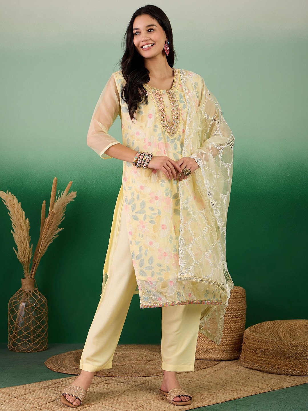 

Sangria Yellow Floral Printed Beads & Stones Straight Kurta With Trousers & Dupatta