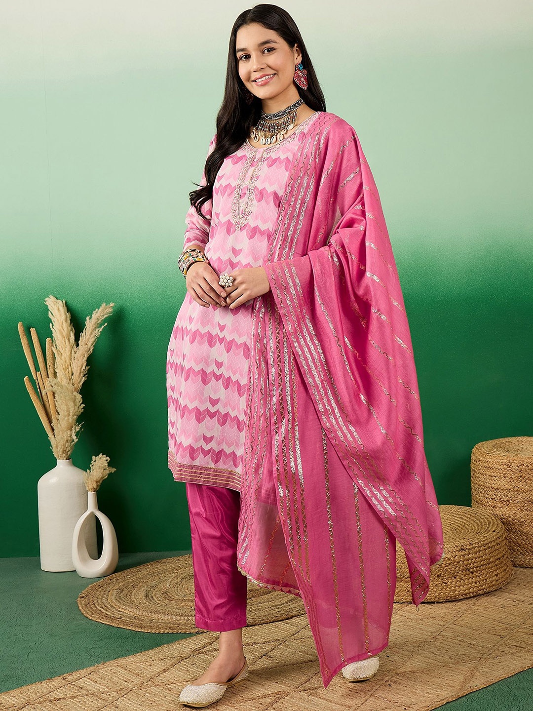 

Sangria Pink Ethnic Motifs Printed Beads & Stones Straight Kurta With Trousers & Dupatta