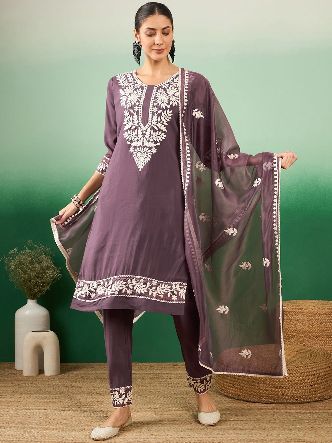 Sangria Lavender Floral Embroidered Thread Work Straight Kurta With Trousers & Dupatta