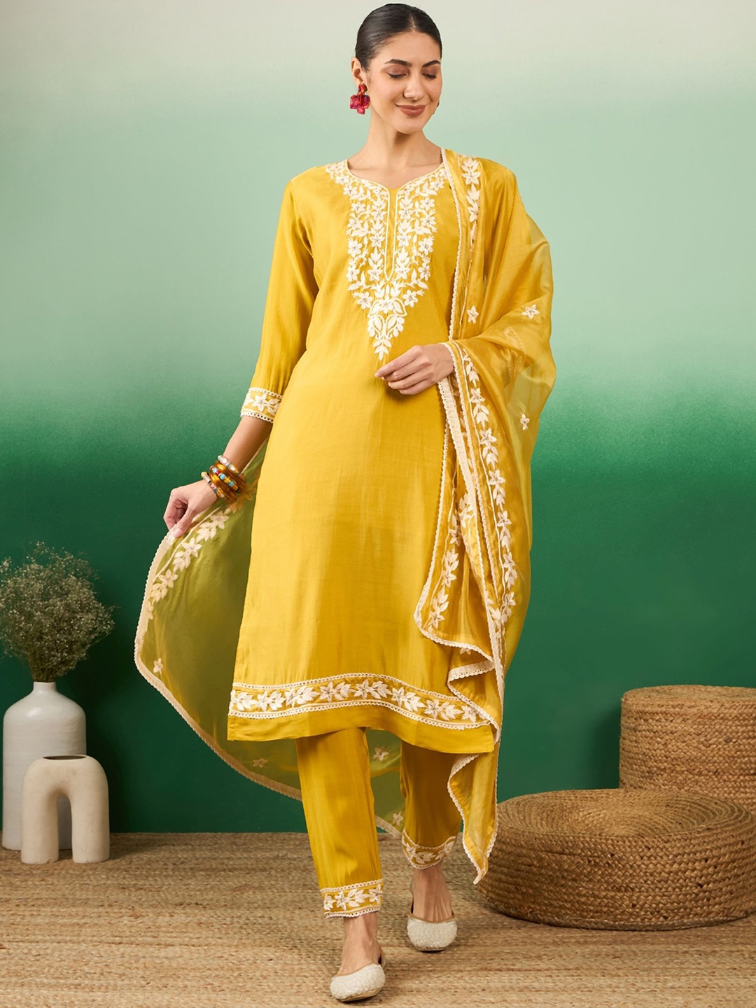 

Sangria Mustard Yellow Floral Embroidered Straight Kurta With Trousers & Dupatta