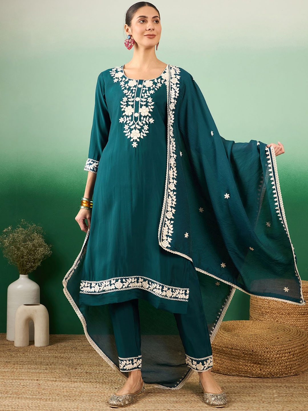 

Sangria Teal Green Floral Embroidered Jacquard Straight Kurta With Trousers & Dupatta