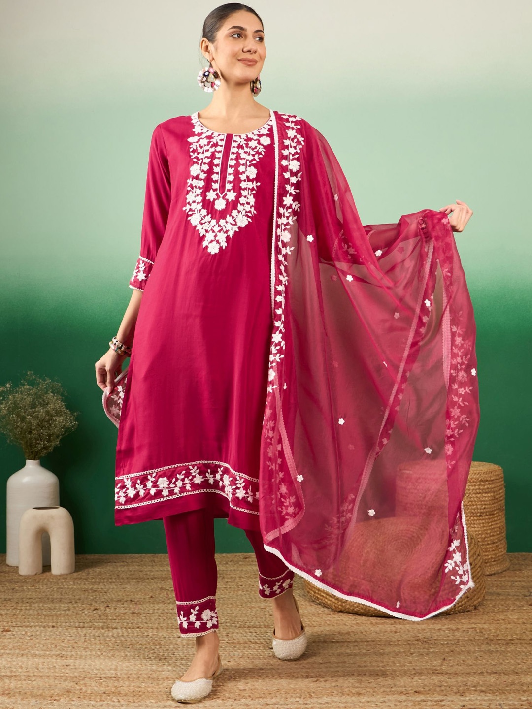 

Sangria Pink Floral Embroidered Thread Work Straight Kurta With Trousers & Dupatta