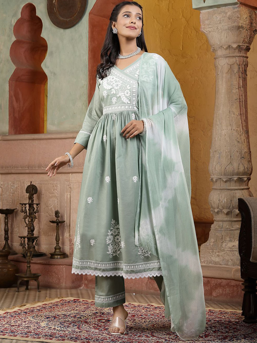 

Stylum Floral Embroidered Angrakha Thread Work Pure Cotton Kurta With Trousers & Dupatta, Green