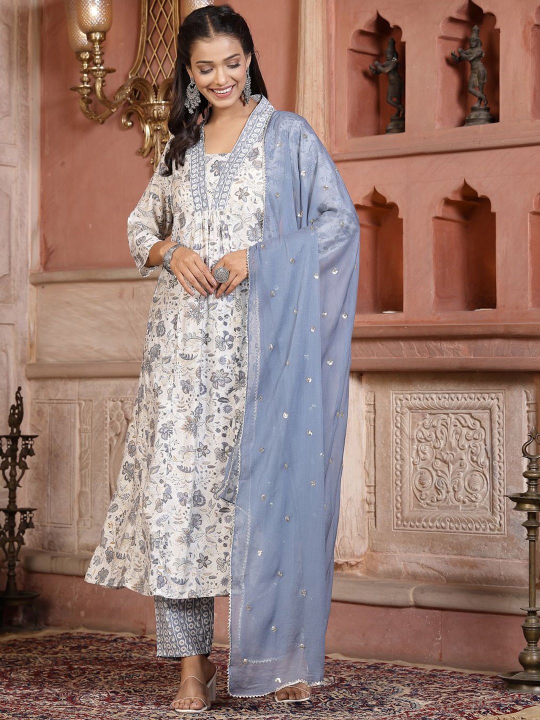 

Stylum Floral Printed Regular Sequinned Kurta With Trousers & Dupatta, White