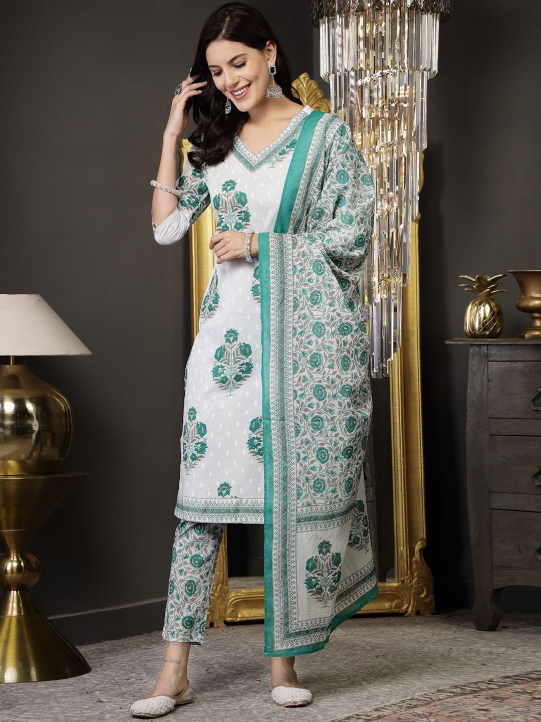 

Stylum Floral Printed Regular Pure Cotton Kurta With Trousers & Dupatta, White