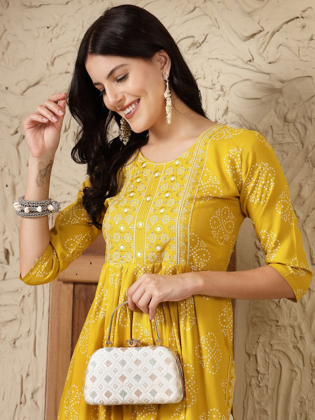 

Stylum Mustard Yellow Bandhani Printed Thread Work A-Line Kurta