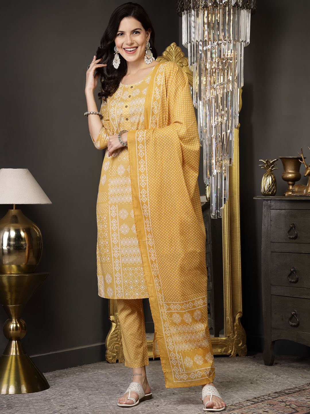 

Stylum Ethnic Motifs Printed Regular Pure Cotton Kurta With Trousers & Dupatta, Mustard