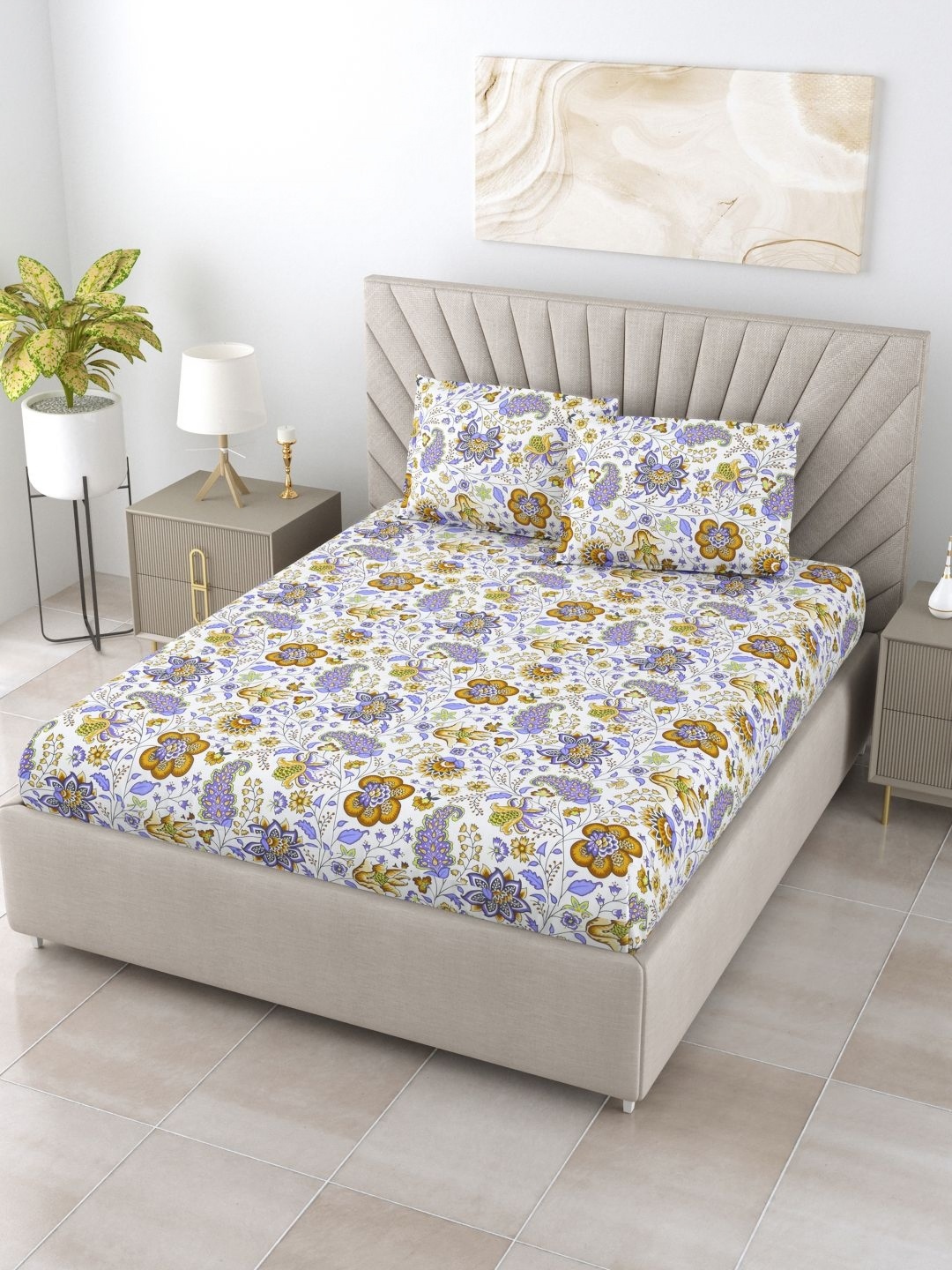 

BOMBAY DYEING Cardinal White Printed 120TC Pure Cotton Double Queen Bedsheet Set