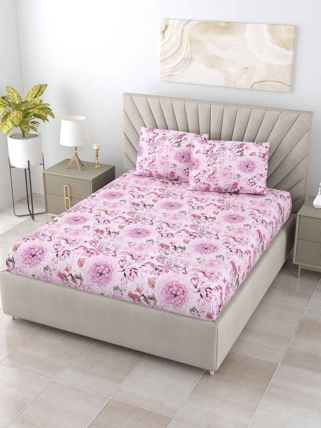 

BOMBAY DYEING Pink & Green Printed 120 TC Pure Cotton Queen Bedsheet & 2 Pillow Covers