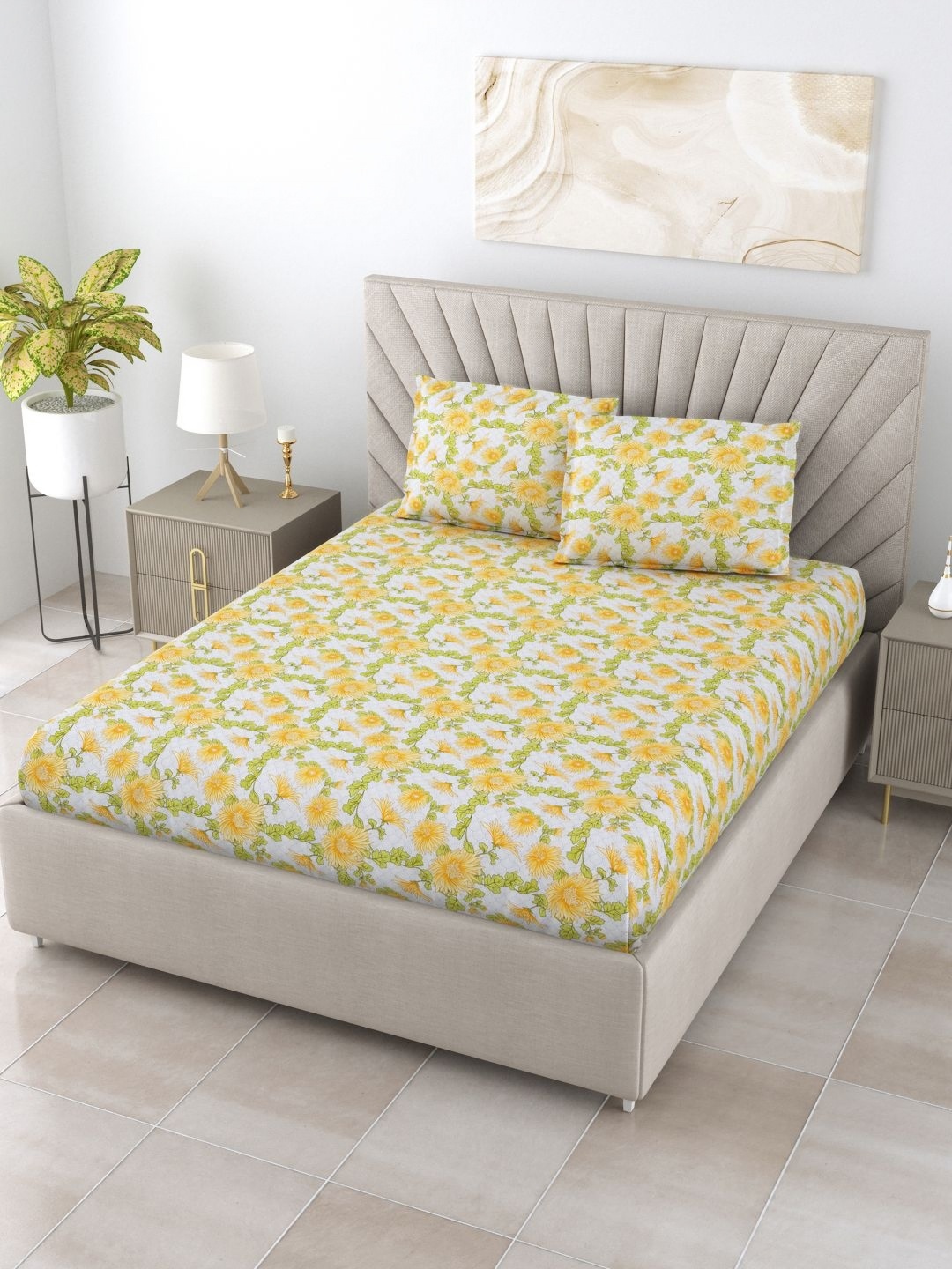 

BOMBAY DYEING Cardinal Yellow Printed 120 TC Pure Cotton Queen Bedsheet & 2 Pillow Covers