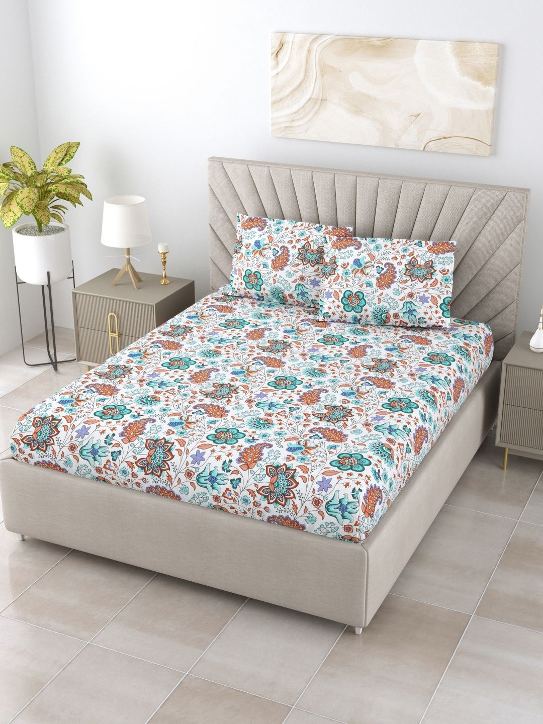 

BOMBAY DYEING Cardinal Blue Printed 120TC Pure Cotton Double Queen Bedsheet Set