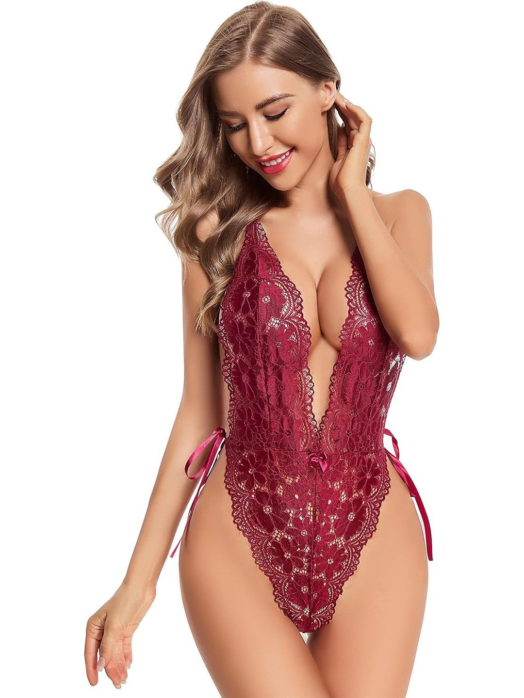 

NIGHTHOPE Women Self Design Straight Halter Neck Baby Doll, Maroon