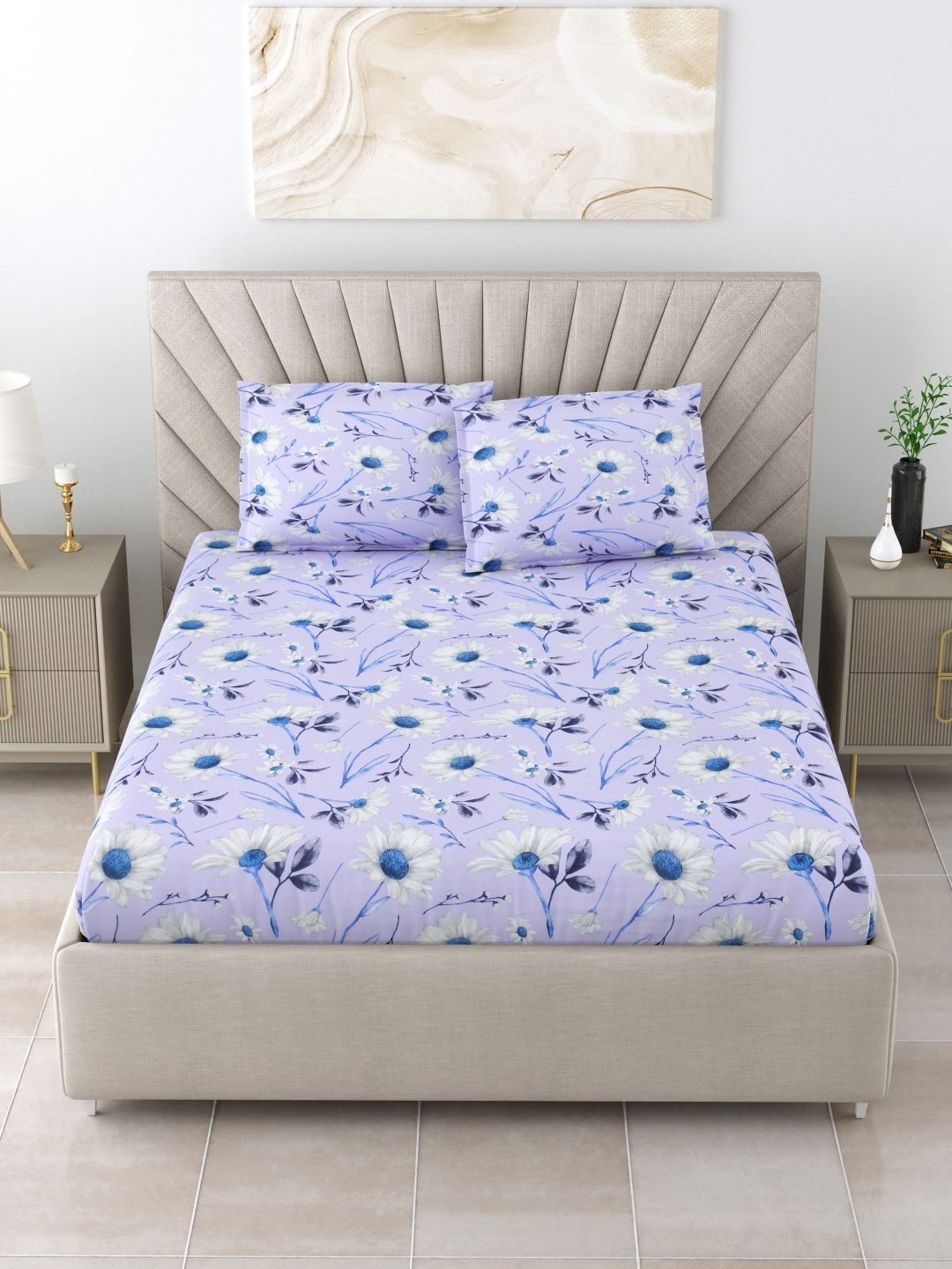

BOMBAY DYEING Violet & Blue Floral Cotton 120 TC King Bedsheet with 2 Pillow Covers