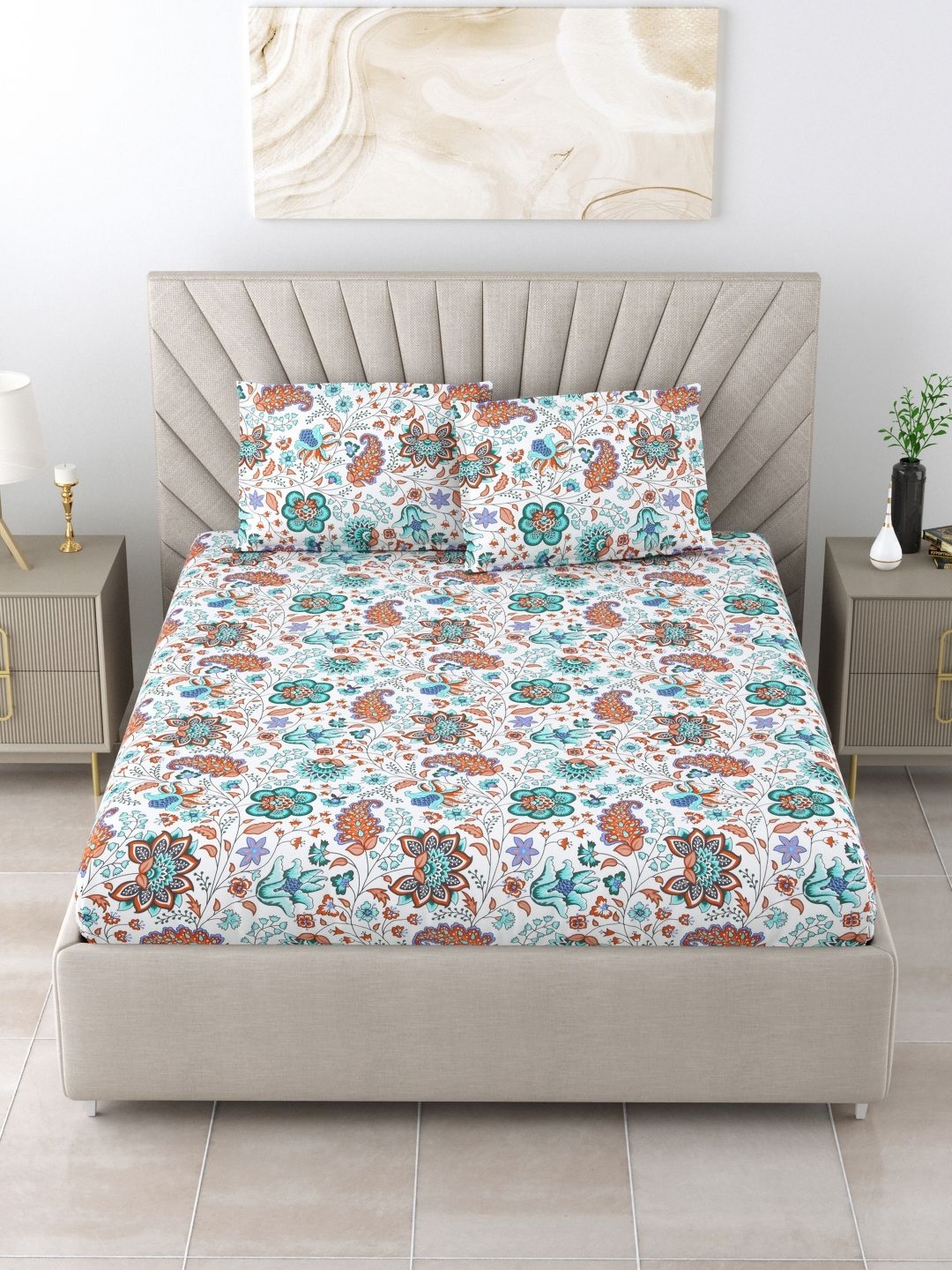 

BOMBAY DYEING Cardinal Blue Printed 120TC Pure Cotton Super King Bedsheet & Pillow Covers
