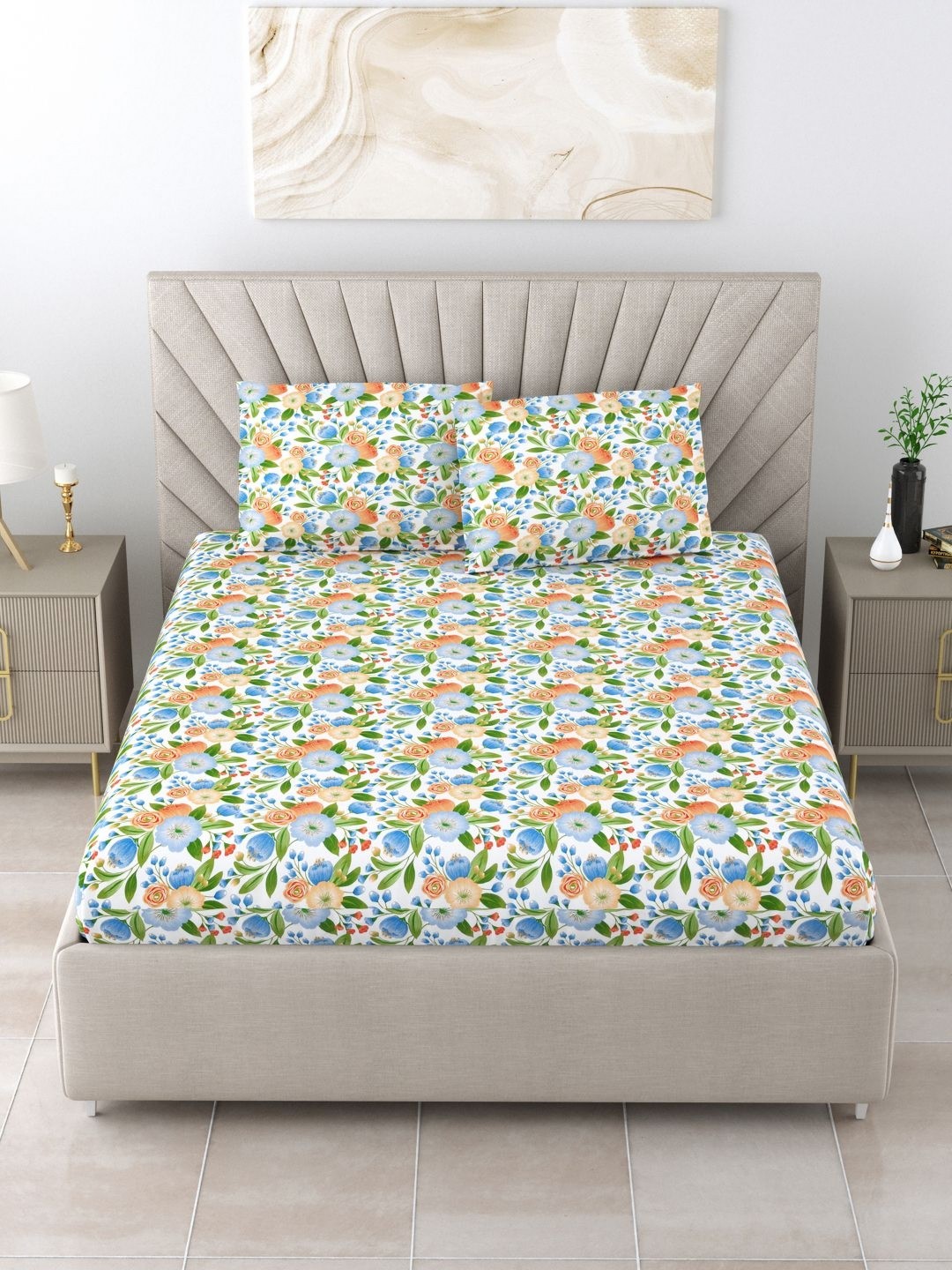 

BOMBAY DYEING Blue & Green Floral 120 TC King Bedsheet with 2 Pillow Covers