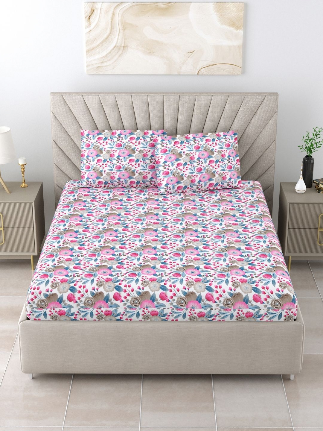 

BOMBAY DYEING Pink & White Printed 120 TC Pure Cotton King Bedsheet & 2 Pillow Covers