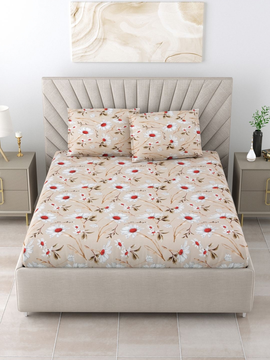 

BOMBAY DYEING Brown & Red Floral 120 TC King Bedsheet with 2 Pillow Covers
