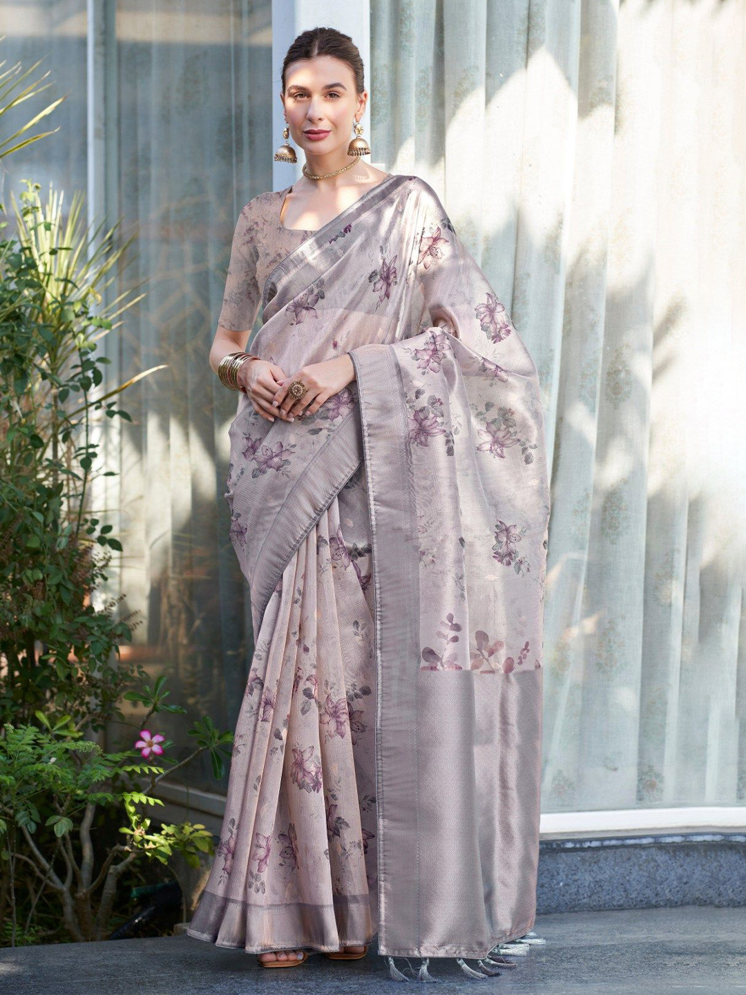 

MySilkLove Floral Zari Organza Saree, Grey