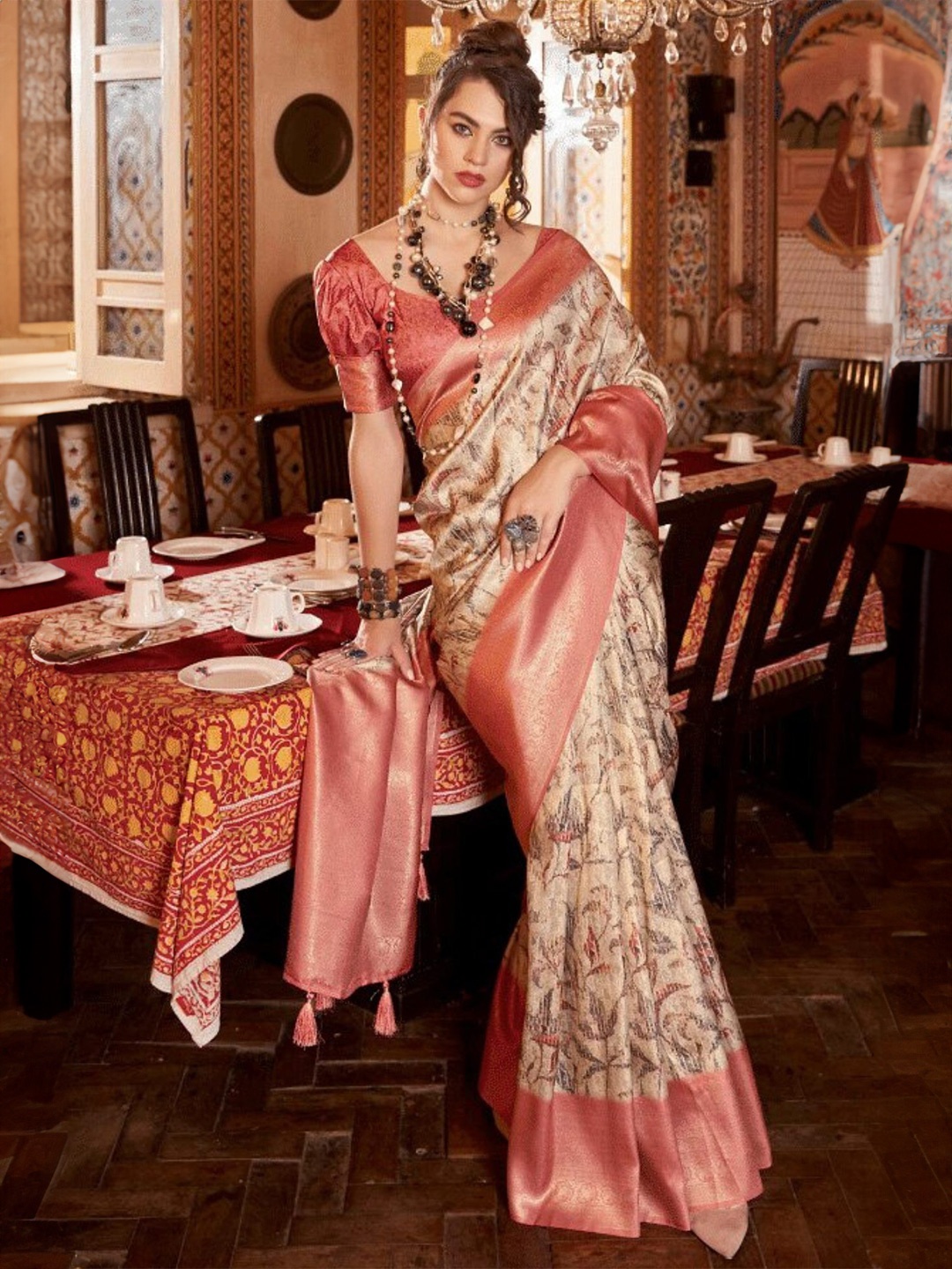 

MySilkLove Abstract Woven Design Zari Banarasi Saree, Peach