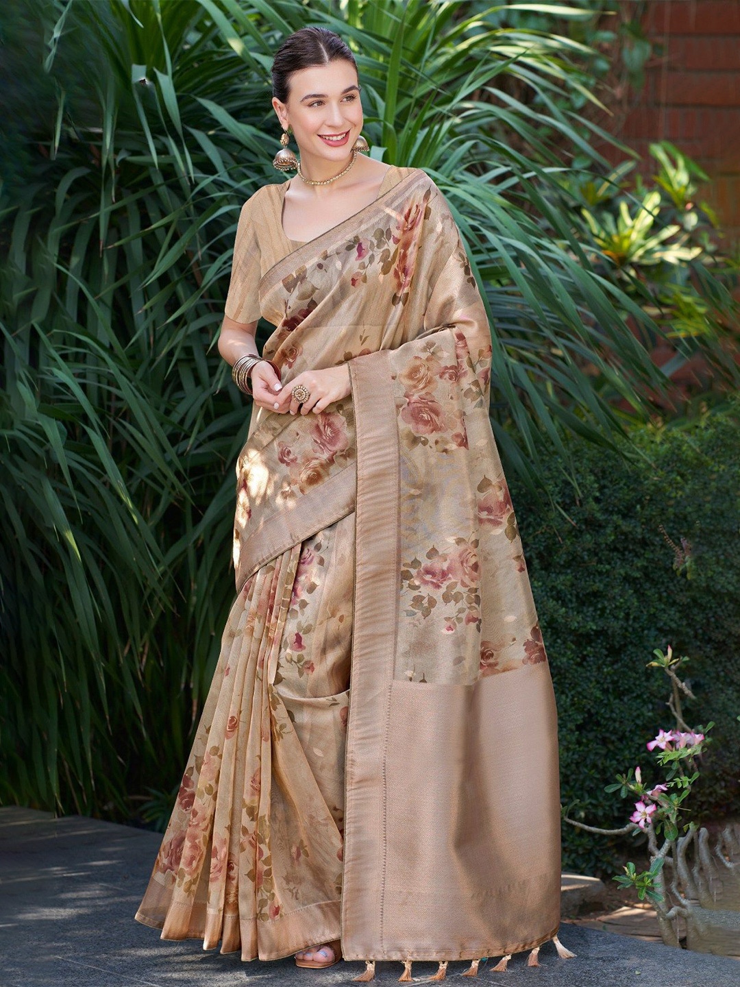 

MySilkLove Floral Printed Zari Organza Saree, Brown