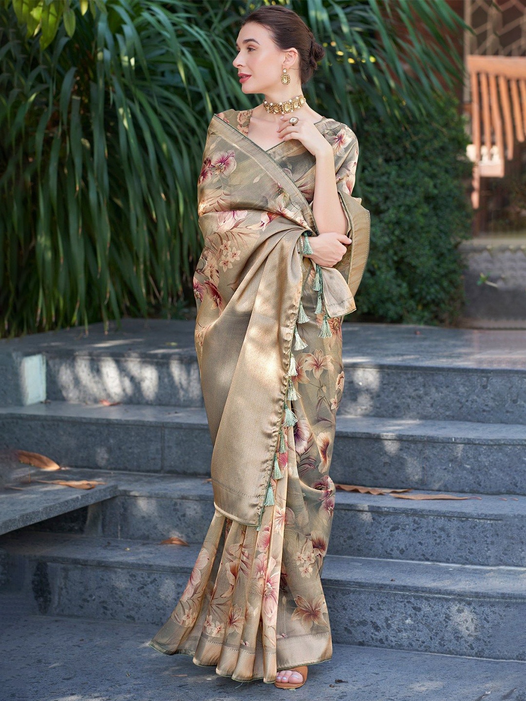 

MySilkLove Floral Printed Zari Organza Saree, Brown