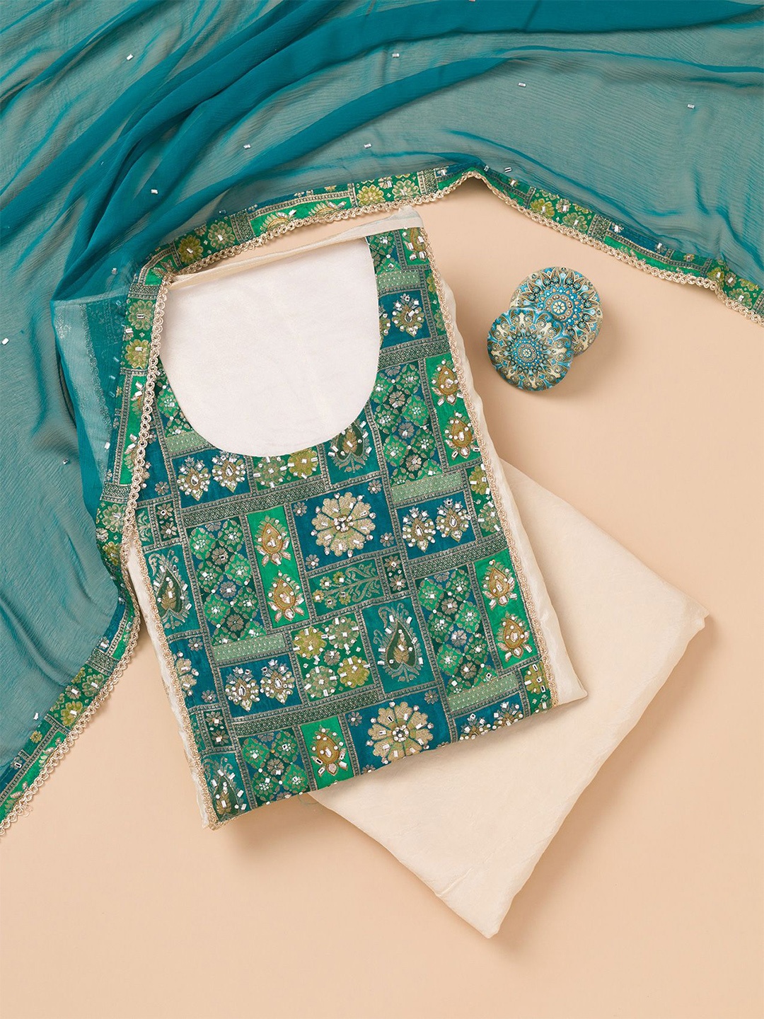 

Koskii Ethnic Motifs Embroidered Sequinned Organza Unstitched Dress Material, Green