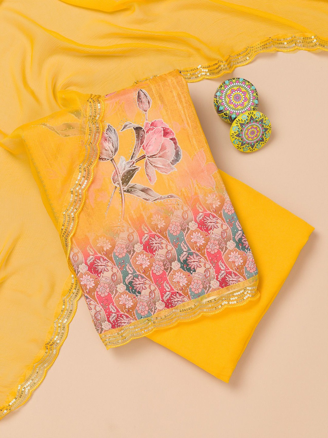 

Koskii Floral Printed Sequinned Unstitched Dress Material, Yellow