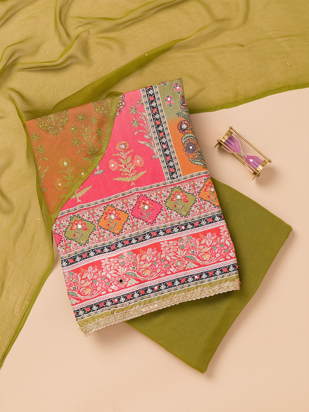 

Koskii Ethnic Motifs Printed Mirror Work Unstitched Dress Material, Pink