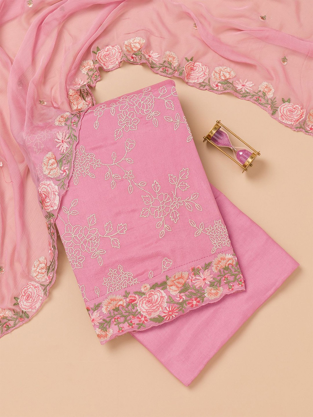 

Koskii Floral Embroidered Unstitched Dress Material, Pink
