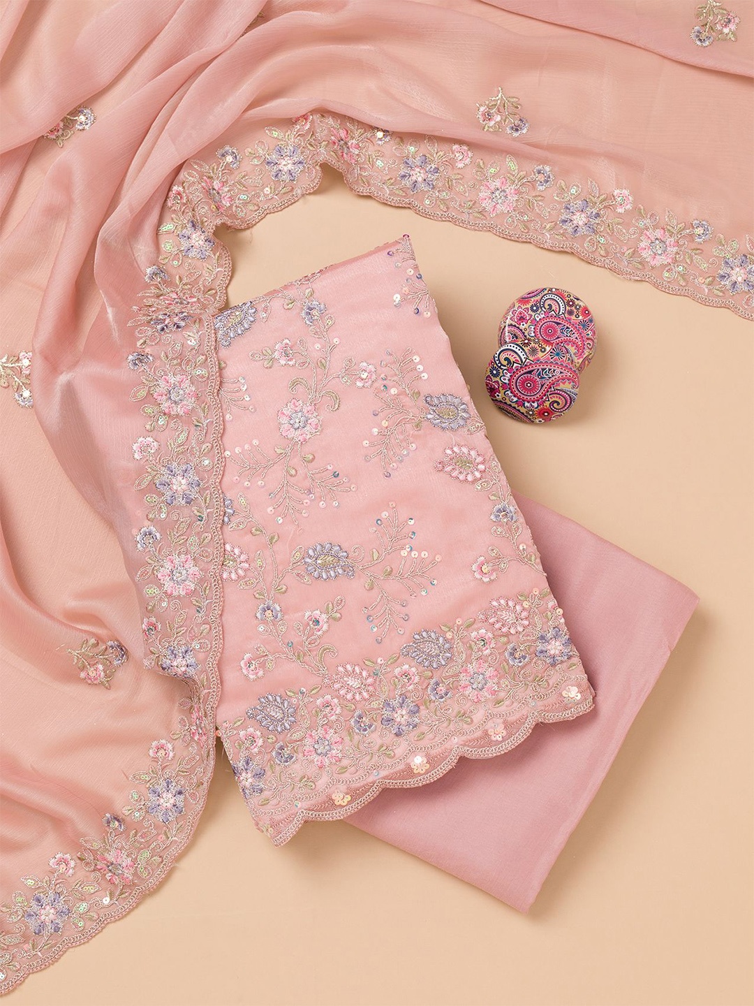 

Koskii Floral Embroidered Sequinned Unstitched Dress Material, Peach