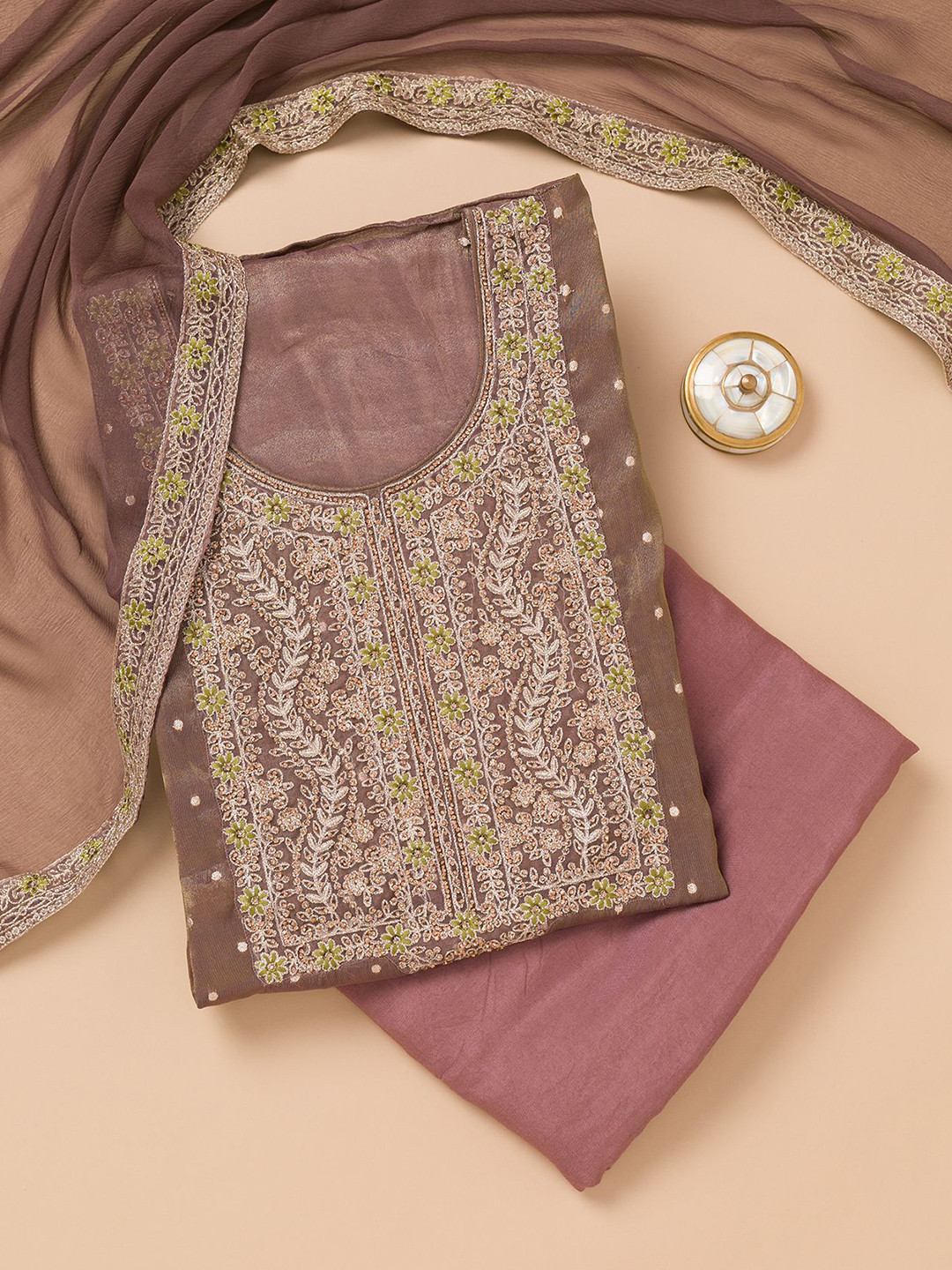 

Koskii Floral Embroidered Unstitched Dress Material, Brown