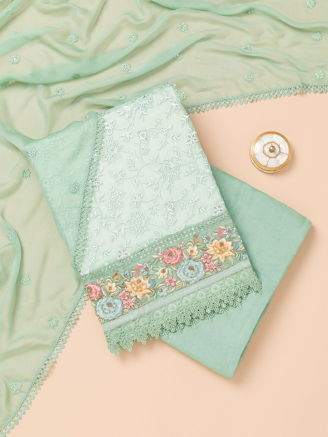 

Koskii Floral Embroidered Thread Work Unstitched Dress Material, Green