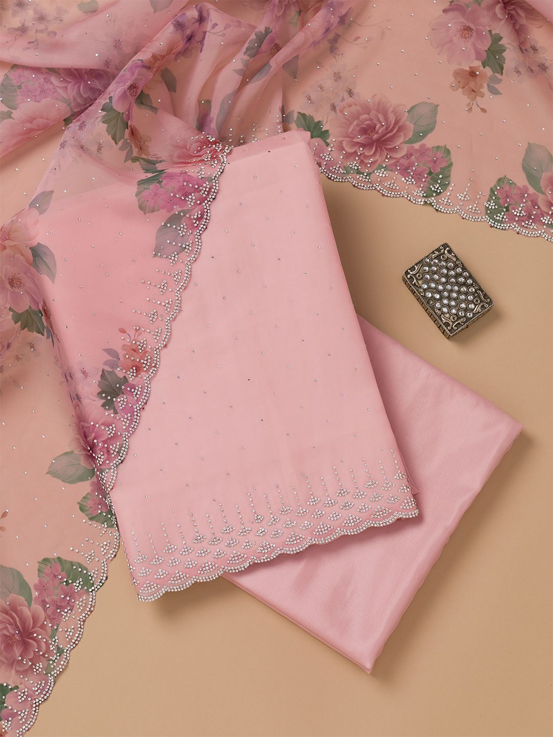 

Koskii Floral Embellished Organza Unstitched Dress Material, Pink