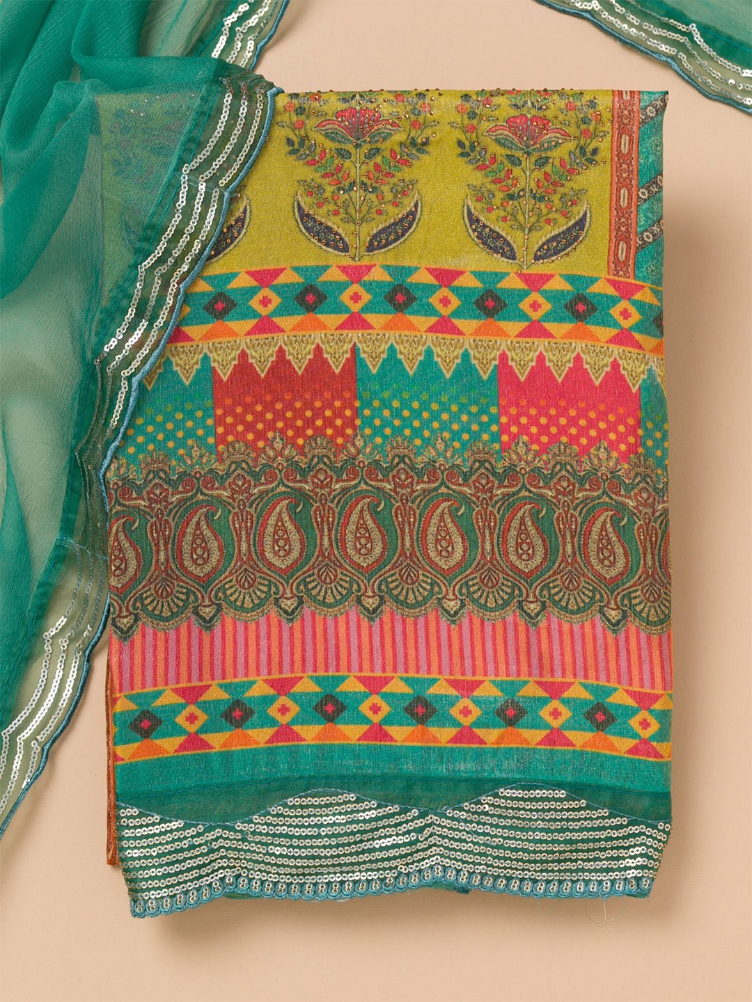 

Koskii Floral Printed Unstitched Dress Material, Green